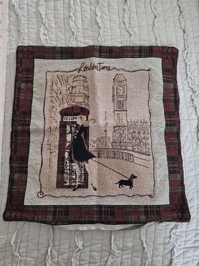 London Time Decorative Throw Pillow Cover with Plaid Border